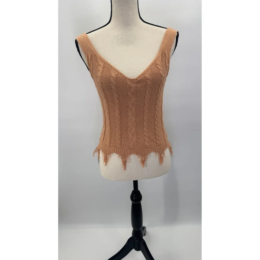 Boho Festival Cable Knit Crochet V-Neck Top Small Fringe Tan Coral Western Beach
